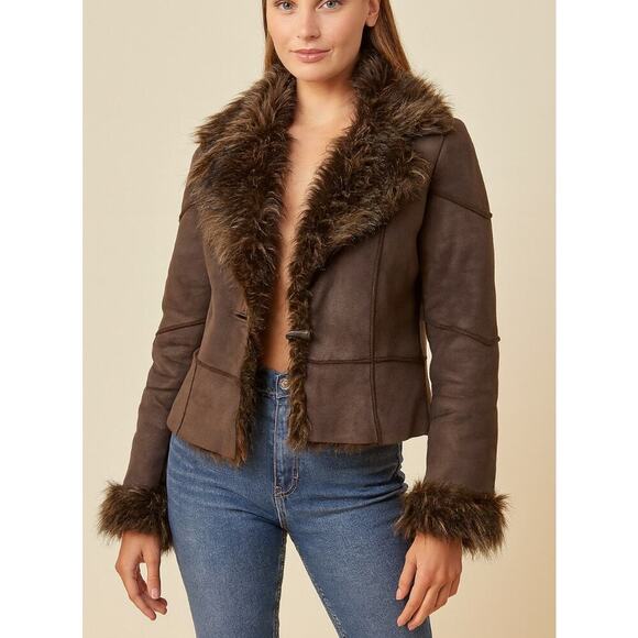 Kaity brown Penny Lane shearling coat faux suede fur trim toggle closure SZ XL - Picture 1 of 11